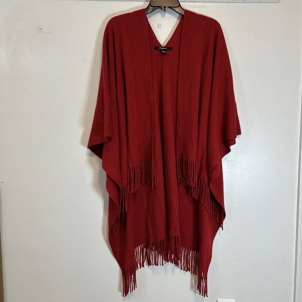 Cejon‎ Cape Knit KimonoSweater One Size Red Open Front Fringe Shawl 6351